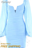 Yipinpay V-Neck Puff Sleeve Ruched Dress Women Party Double Layer Long Sleeve Sexy Mini Dresses Elegant Femme Clubwear Clothing