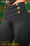 Yipinpay Women Casual High Waist Criss Cross Button Deco Skinny Spring&Autumn Black Pencil Pants