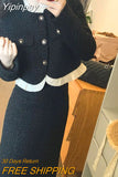 Yipinpay Black Tweed Jacket Vintage Womens Two Peice Sets Elegant Cropped Cardigan Stand Collar Tailored Coat A Line Skirts Long
