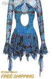 Yipinpay Women Summer Y2K 2Pcs Sleeveless Tie-Dye Print Cutout Backless Ruffled Party Mini Dress + Long Flare Sleeve Shrug Set
