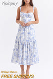 Yipinpay Summer Blue Midi Floral Print Holiday Dress Elegant Spaghetti Strap Full Skirt Go Out Party Dresses Women Dress 2023