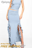 Yipinpay Fashion Women Summer 2 Pieces Outfits Solid Color Crew Neck Sleeveless Tank Tops Ruffles Slit Long Skirts Set Street Style