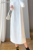 yipinpay White Oversized Sweater Midi Dresses for Women Plain Retro Twisted Thicken Stylish Knitted Dress Women Split Warm Robe