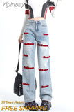 Yipinpay Blue Embroidery Baggy Jeans For Women Y2k Fashion Female High Waist Wide Leg Pants Loose Washed Denim Trousers Full Length