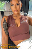 yipinpay Top Women Letter Print Crop Top Black Tank Top Basic Sleeveless Brown Tops Sexy Vest Streetwear Y2K Clothes Summer