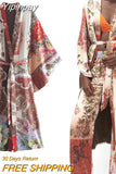 Yipinpay Women Blouse Patchwork Long Woman Kimono Vintage Print Belt Long Sleeve Kimonos Summer 2023 Japanese Beach Kimono Top