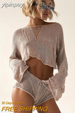 yipinpay Sexy Knitted Casual Tracksuit Women Two Piece Set Y2K Hollow Out Long Sleeve Tops Mini Shorts Fashion Summer Suit 2023
