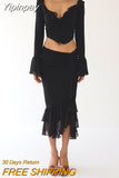 Yipinpay Womens Summer Skirt 2Pcs Suit Solid Color Long Sleeved Ruffled V-Neck Cropped Tops + Low Waist Fish Tail Slit Long Skirt 0407