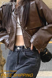 Yipinpay Cropped Leather Jacket Women Streetwear Moto Biker Zipper Leather Jacket Winter Punk Vintage Casual Blazer Leather Coat