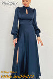Yipinpay Elegant Evening Dresses Navy Hollow Out Woman Satin Midi Party Dress Spring Lantern Sleeves Sliky Keyhole Dress 2023