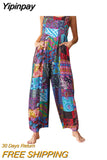 Yipinpay Women Casual Floral Print Strappy Dungarees Vintage Cotton Linen Loose Party Long Harem Overalls Rompers Jumpsuits
