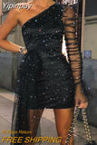 Yipinpay One Shoulder Sheer Mesh Ruched Long Sleeve Bodycon Dress Women Dress