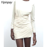 Yipinpay 2023 Summer Women Pleated Dresses Fashion Sheath O-neck Mini Dresses Long Sleeve Sheath Folds Vestidos Two Colors