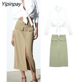 Yipinpay Fashion Women Solid Skirts Sets 2023 Summer Female Elegant Single Breasted Bow Shirts Mid-Calf A-Line Skirts With Belt Sets