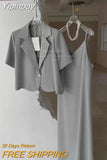 Yipinpay Suits Office Lady Grey Blazers Short Coat Short Sleeve Jacket Sexy Camisole Dress Bodycon Two Piece Sets Womens Outifits