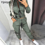 Yipinpay Women Soild Pockets Zipper Design Ruched Coat & Cargo Pants Sets Casual Women Sets
