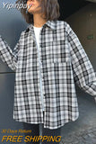 Yipinpay Patchwork Black And White Plaid Shirts Women Pocket Gingham Blouse Casual Loose Long Sleeve Print Tops Spring Shirts