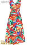 Yipinpay European and American New Large Size Fashion Sleeveless Bow Sling Printed Big Swing Beach Skirt Dress Women