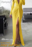 Yipinpay New Plus Size Solid Color Dress Female Summer Fashion Sexy Slit V-neck Long-sleeved Solid Slim Pleated Dress