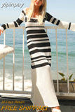 yipinpay 2023 Beach Holiday Summer Knitted Long Sleeve Women Striped Maxi Dress Bodycon Elegant Sexy Outfits Party Long Dress