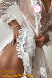 Yipinpay Polka Dot Lace Sheer Robes Sleepwear for Women Long Sleeve Lace Ruched Hem Sleep Dress Female See Through Mesh Underwear