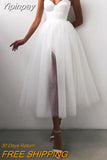 Yipinpay Women Summer Cocktail Dress Solid Color Spaghetti Strapless Tulle Tutu Dress Party Elegant Side Slit Braces Mesh A-Line Vestido