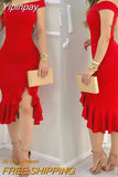 Yipinpay Women Plain Off Shoulder Ruffle Hem Slit Dress Maxi Dress Bodycon Dress Sexy Dress for Women