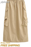yipinpay Women's Cargo Skirt Pockets Split Long Skirts Y2k Streetwear 2000s Aesthetic Drawstring Aesthetic Skirts High Waist A Line Skirt
