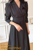 yipinpay Elegant Luxury Long Suit Dresses for Women Solid Korean Chic French Trendy Full Sleeve Midi Dress Turndown Collar Robe
