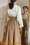 Yipinpay Brown Vintage Maxi Skirt Women Harajuku Pocket Lace Up Long Skirts Summer Fall Clothes Korean Fashion Y2k Korean Style