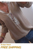 Yipinpay Women Sequins T-shirts Fall Winter 2023 Top Clothes Vintage 2000s Clothes y2k Luxury V Neck Long Sleeve Top Office Ladies