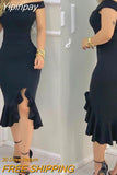 Yipinpay Women Plain Off Shoulder Ruffle Hem Slit Dress Maxi Dress Bodycon Dress Sexy Dress for Women