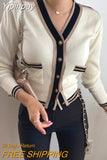Yipinpay Neck Knitted Cropped Cardigan Contrast Single Breasted Striped Sweater Korean Fashion Cardigan Mujer Coat Feminino Sueter