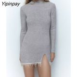 Yipinpay Autumn Women Beading Knitted Dresses 2023 Elegant Ladies O-neck Mini Slim Tassel Dresses Long Sleeve Simple Soft Vestidos