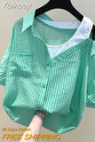 Yipinpay The Shoulder Green Striped Shirt Blusas Mujer Short Sleeve Chiffon Casual Blouses for Women Fashion Crop Top Summer Shirts