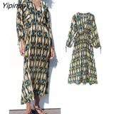 Yipinpay Summer Women Geometric Printed Long Dresses 2023 New Elegant V-neck Beach Style Dress A-line Long Sleeve Mid-Calf Vestidos