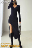 yipinpay Sleeve Midi Dress Woman V Neck Knitted Dresses Solid Autumn Winter High Slit Bodycon Dress Y2k Fashion Khaki Sweater Dress