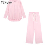 Yipinpay 2023 Women Solid Blouse Pants Sets Spring Casual Single Breasted Long Sleeve Shirts Elastic Waist Pants Outwear Two Colors