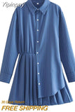 Yipinpay Blue Shirt Dress Woman Striped Pleated Short Dresses For Women Long Sleeve Casual Summer Women's Dresses Button Mini Dress