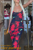Yipinpay Red Floral Bodycon Long Dress Women Sexy Sleeveless Straps Wrap Sheath Dress Cocktail Party Club Night Outfit Vestidos