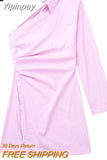 Yipinpay Striped Pink Dress Woman Asymmetric Off Shoulder Mini Dress Women Long Sleeve Short Dresses Ruched Casual Summer Dresses