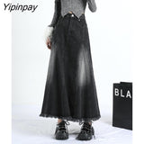 Yipinpay Irregular Long A-line Denim Skirt For Women High Waist Balck Jean Skirts For Ladies