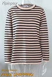 Yipinpay Classic Women Stripe Tee Shirt Casual Print Oversized Knitted Top O-Neck Long Sleeve Tops And Blouse Fashion T-shirt