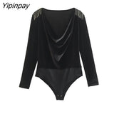 Yipinpay Woman Fashion Beaded Velvet Bodysuit Jumpsuit 2023 Casual Body Long Sleeved Tops Clothes Female Suit
