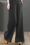 Yipinpay Summer New Chinese Cotton Linen Women's Pants Casual Loose Straight Pants Literary Vintage Thin Silk Hemp Wide Leg Pants