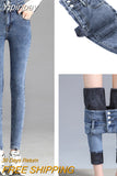 Yipinpay Leggings Jeans Women Velvet Thicken Warm Pencil Pants Casual High Waist Female Korean Thermal Straight Skinny Denim Trousers