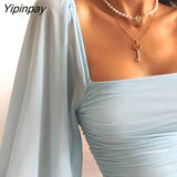 Yipinpay Women Ruched Lantern Sleeve Solid Bodycon Dress  Casual Dress  Elegant Party Dress