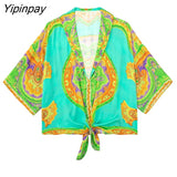 Yipinpay 2pcs Women Printed Pant Shirt Sets 2023 Summer Fashion Turn Down Collar Bow Blouse+Elastic Waist Wide Leg Pants Outwear