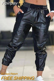 Yipinpay Women Casual High Waist Elastic Waist Drawstring PU Leather Patchwork Pencil Pants