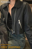 Yipinpay Black Cropped Leather Jacket Women Streetwear Zipper Moto Leather Jacket High Street Vintage Soft Faux Leather Coats 2023